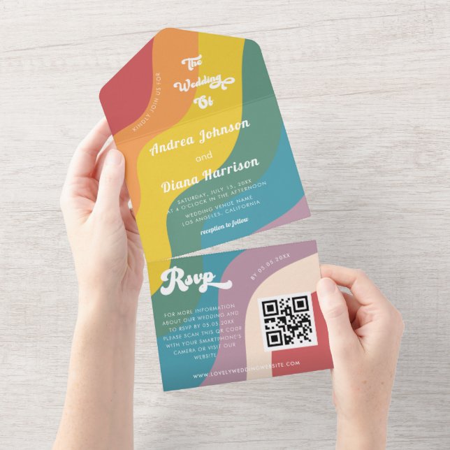 Retro Rainbow Wave LGBTQ Gay Pride QR Code Wedding All In One Einladung (Abreißen)