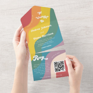 Retro Rainbow Wave LGBTQ Gay Pride QR Code Wedding All In One Einladung