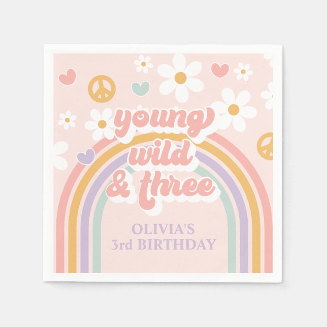 Retro Rainbow Young Wild 3. Geburtstag Serviette (Vorderseite)