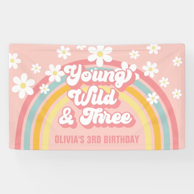 Retro Rainbow Young Wild Three Groovy Banner (Horizontal)