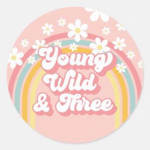 Retro Rainbow Young Wild und 3. Geburtstag Runder Aufkleber