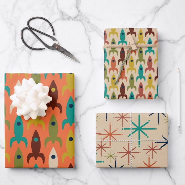 Retro-Raketen des Atomalters und Sternexplosionen  Geschenkpapier Set (Vorderseite)