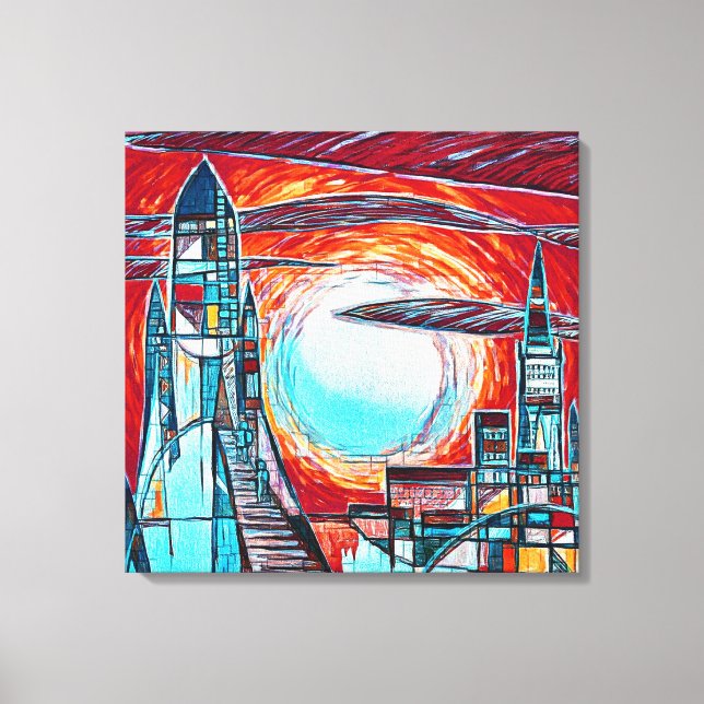 Retro-Raketen Farbenfrohe Raumforschung Print Leinwanddruck (Vorderseite)