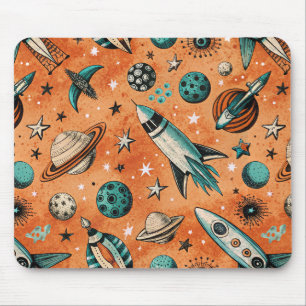 Retro-Raketen-Weltraummuster Terrakotta Türkis Mousepad