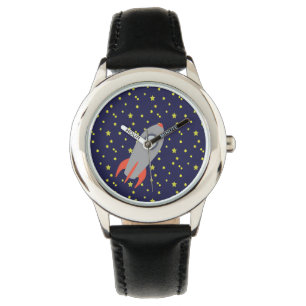 Retro-Raketenschiff mit Hintergrundbild des Sternm Armbanduhr