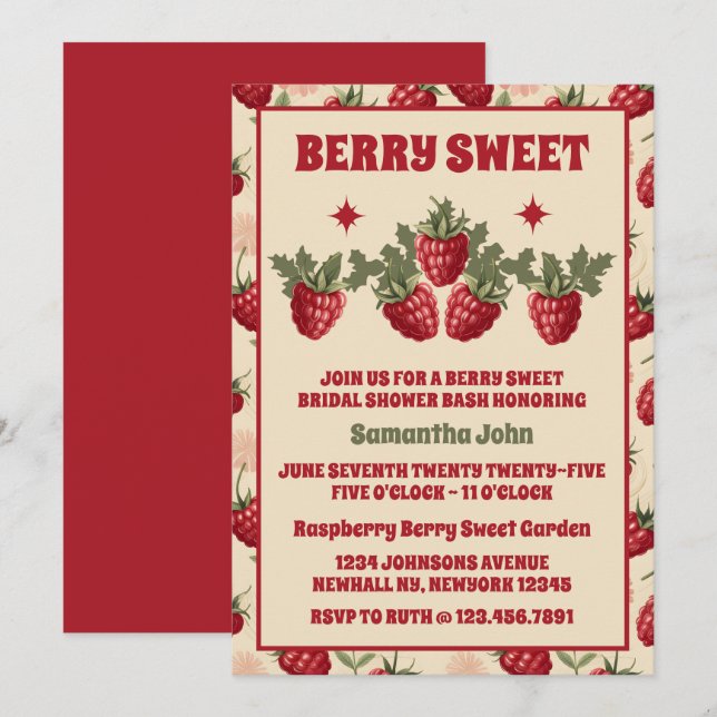 Retro Raspberry Brautparty Einladung (Vorne/Hinten)