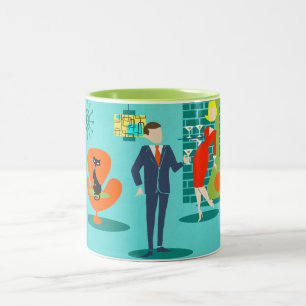 Retro Raum-Alters-Cartoon-Paar-Kaffee-Tasse Zweifarbige Tasse