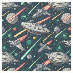 Retro-Raumschiff-Sci-Fi-Weltraumkampf-Comic-Muster Stoff