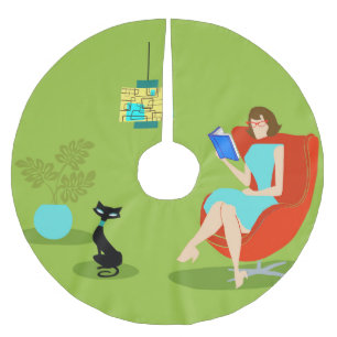 Retro Reading Woman Christmas Tree Skirt Polyester Weihnachtsbaumdecke