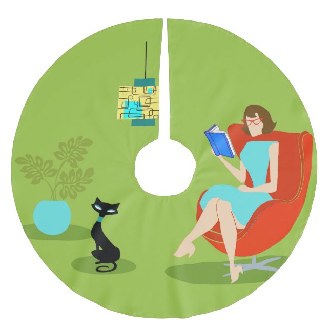 Retro Reading Woman Christmas Tree Skirt Polyester Weihnachtsbaumdecke (Vorderseite)