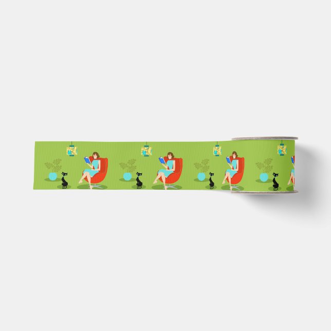 Retro Reading Woman Grosgrain Ribbon Ripsband (Vorderseite)