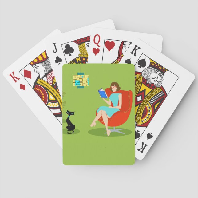 Retro Reading Woman Playing Cards Spielkarten (Rückseite)