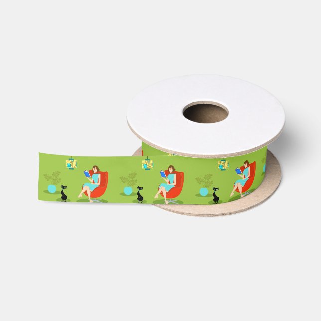 Retro Reading Woman Satin Ribbon Satinband (Spule)