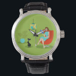 Retro Reading Woman Watch Armbanduhr<br><div class="desc">Diese Retro Reading Woman Watch zeigt einen Stil aus den 60er Jahren, minimalistische Kunst, Cartoon zeichn einer Frau, die ihre Prioritäten in Ordnung hat. Dieser wunderschöne Bücherwurm ist in einen echten Seitenumschlag eingedrungen. Das formschöne brünette trägt ein Aquakleid und eine rote Brille, während es ein blaues Buch trägt. Sie sitzt...</div>