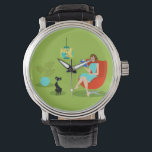 Retro Reading Woman Watch Armbanduhr<br><div class="desc">Diese Retro Reading Woman Watch zeigt einen Stil aus den 60er Jahren, minimalistische Kunst, Cartoon zeichn einer Frau, die ihre Prioritäten in Ordnung hat. Dieser wunderschöne Bücherwurm ist in einen echten Seitenumschlag eingedrungen. Das formschöne brünette trägt ein Aquakleid und eine rote Brille, während es ein blaues Buch trägt. Sie sitzt...</div>