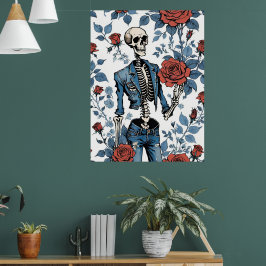 Retro-Rebellion: Skelett in Denim und Rose Poster