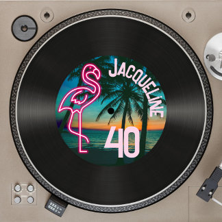 Retro Record Tropical Neon Flamingo 40. Geburtstag Einladung
