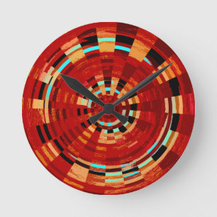 Retro Red Black Blue Yellow Brown Circle Pattern Runde Wanduhr