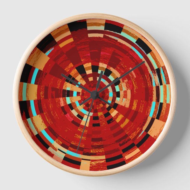 Retro Red Black Blue Yellow Brown Circle Pattern Uhr (Vorderseite)
