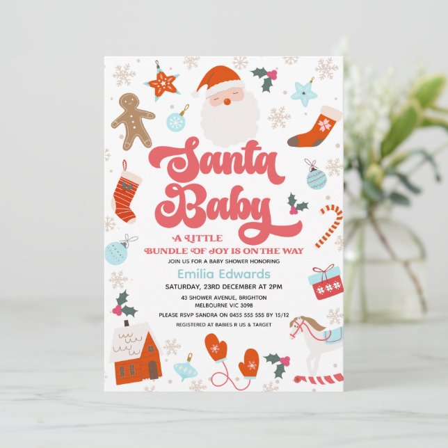 Retro Red Blue Boys Santa Baby Babydusche Einladung (Stehend Vorderseite)