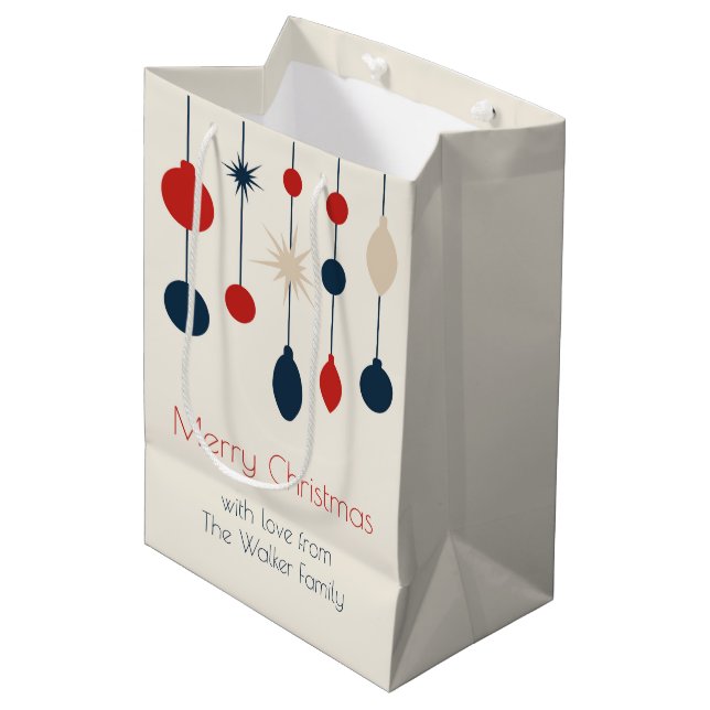 Retro Red Blue Ornaments Weihnachts-Party Mittlere Geschenktüte (Vorderseite Schrägansicht)