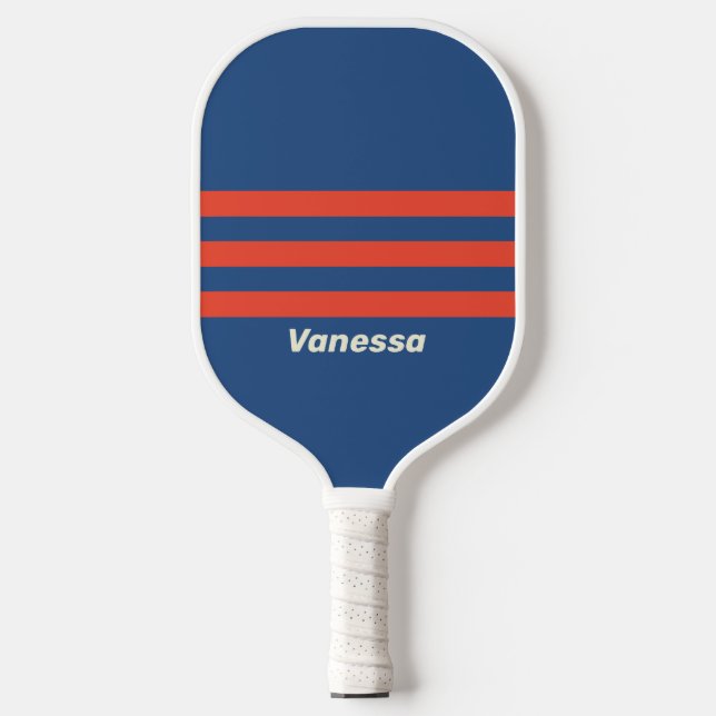 Retro Red & Blue Three Across Striss mit Name Pickleball Schläger (Vorderseite)