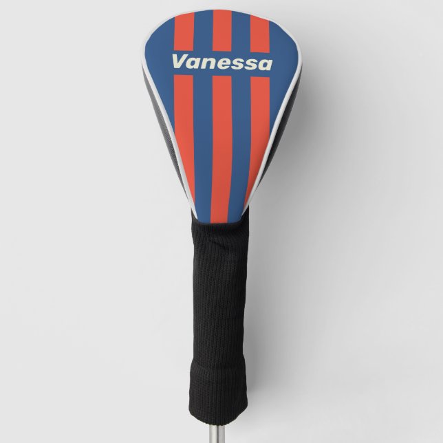 Retro Red & Blue Three Pin Stripes with Name Golf Headcover (Vorderseite)