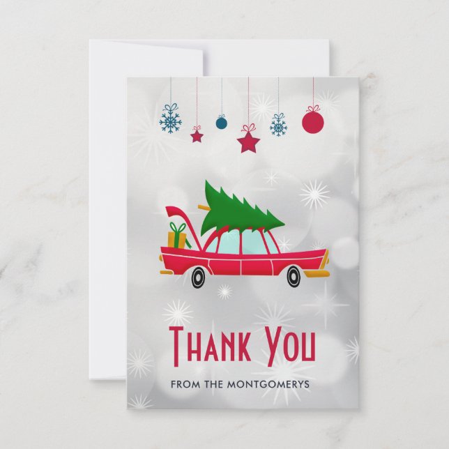 Retro Red Car Carry einen Weihnachtsbaum Vielen Da Dankeskarte (Vorderseite)