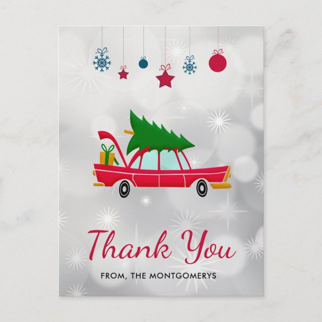 Retro Red Car Carry einen Weihnachtsbaum Vielen Da Postkarte (Vorderseite)