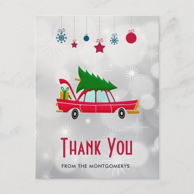 Retro Red Car Carry einen Weihnachtsbaum Vielen Da Postkarte (Vorderseite)