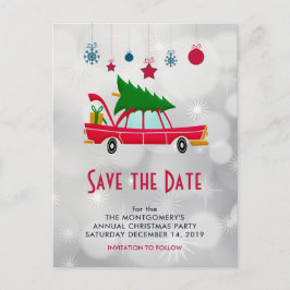 Retro Red Car & Christmas Tree Save the Date Postkarte