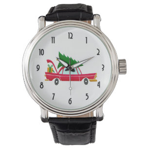 Retro Red Car mit einem Weihnachtsbaum Armbanduhr