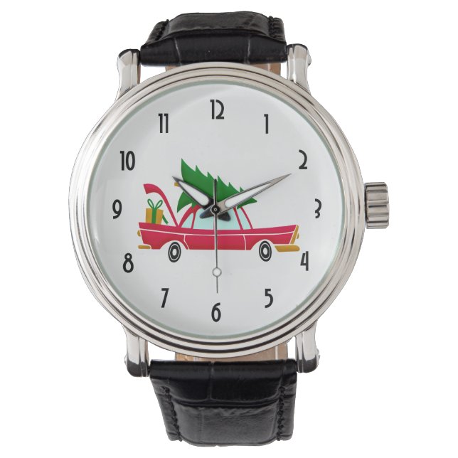 Retro Red Car mit einem Weihnachtsbaum Armbanduhr (Vorderseite)