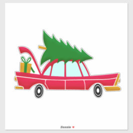 Retro Red Car mit einem Weihnachtsbaum Aufkleber