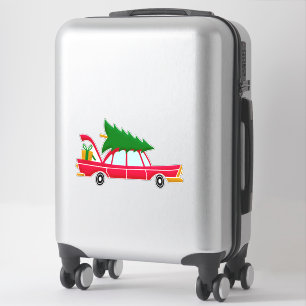 Retro Red Car mit einem Weihnachtsbaum Aufkleber