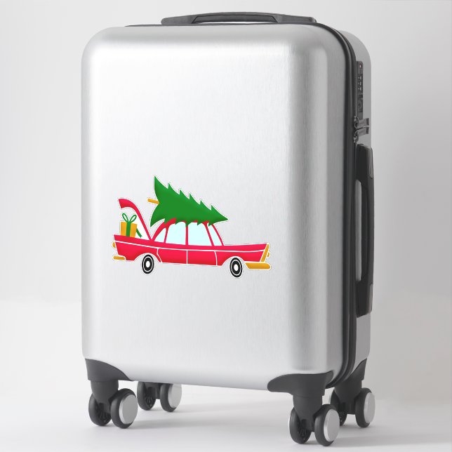 Retro Red Car mit einem Weihnachtsbaum Aufkleber (Koffer)
