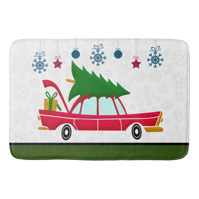 Retro Red Car mit einem Weihnachtsbaum Badematte (Vorderseite)