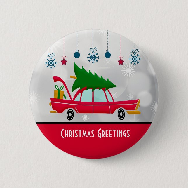 Retro Red Car mit einem Weihnachtsbaum Button (Vorderseite)