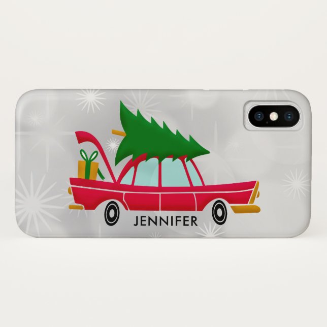 Retro Red Car mit einem Weihnachtsbaum Case-Mate iPhone Hülle (Rückseite (Horizontal))
