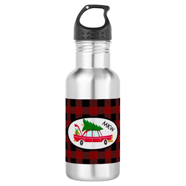 Retro Red Car mit einem Weihnachtsbaum Edelstahlflasche (Vorderseite)