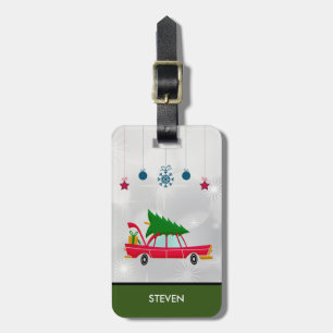 Retro Red Car mit einem Weihnachtsbaum Gepäckanhänger