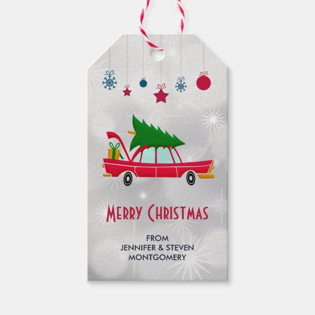 Retro Red Car mit einem Weihnachtsbaum Geschenkanhänger (Vorderseite)