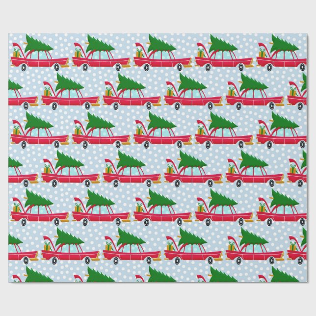 Retro Red Car mit einem Weihnachtsbaum Geschenkpapier (Flach)