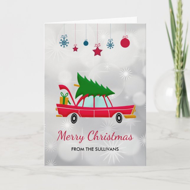 Retro Red Car mit einem Weihnachtsbaum Karte (Vorderseite)