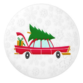 Retro Red Car mit einem Weihnachtsbaum Keramikknauf