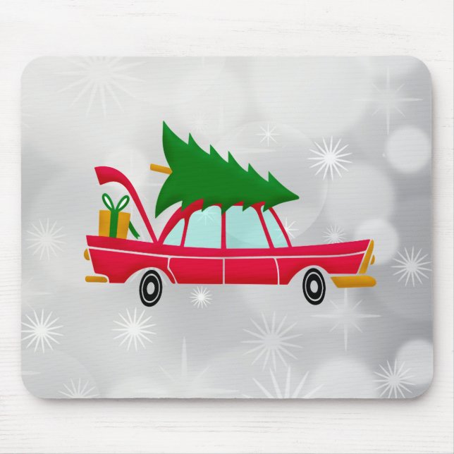 Retro Red Car mit einem Weihnachtsbaum Mousepad (Vorne)