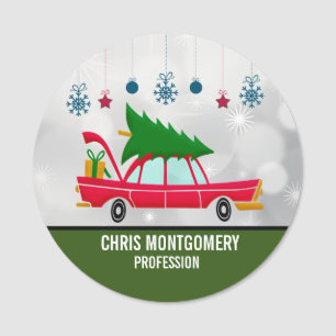 Retro Red Car mit einem Weihnachtsbaum Namensschild