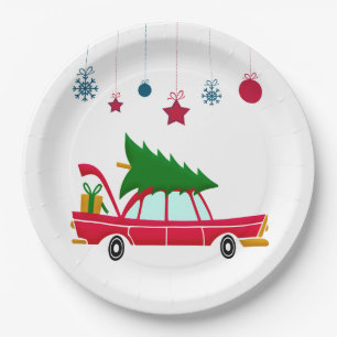 Retro Red Car mit einem Weihnachtsbaum Pappteller