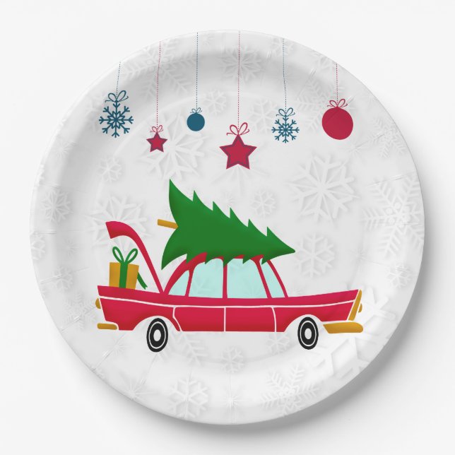 Retro Red Car mit einem Weihnachtsbaum Pappteller (Vorderseite)