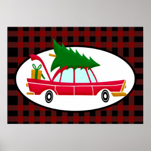Retro Red Car mit einem Weihnachtsbaum Poster